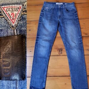 Guess Mens Athletic Tapered Jeans Blue Medium Wash Denim 32x29 Logo